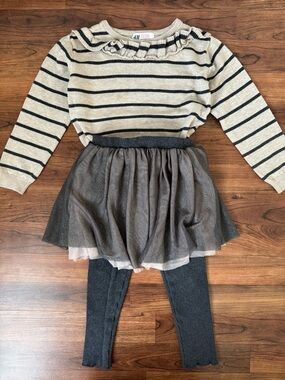 H&M • Zara | Girls Striped Sweater Top with Tulle Skirt & Ribbed Leggings Combo